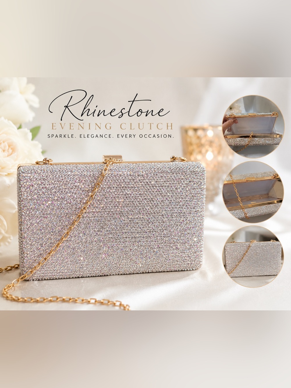 Sparkling Rhinestone Evening Clutch Purse Gold Chain Formal Wedding Prom 7x4x2”